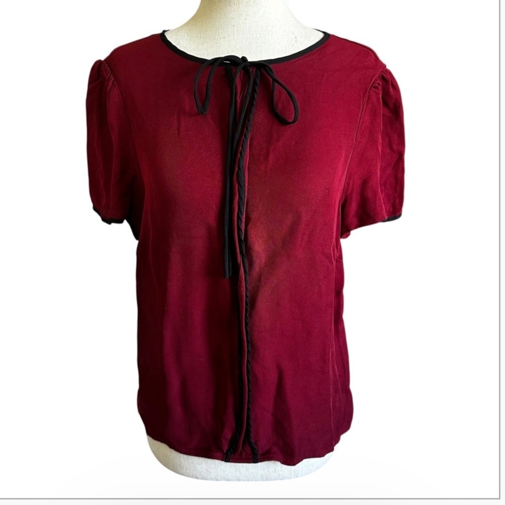 Zara Woman Burgundy Short Puff Sleeve Tie Front Blouse Top Medium | 0204